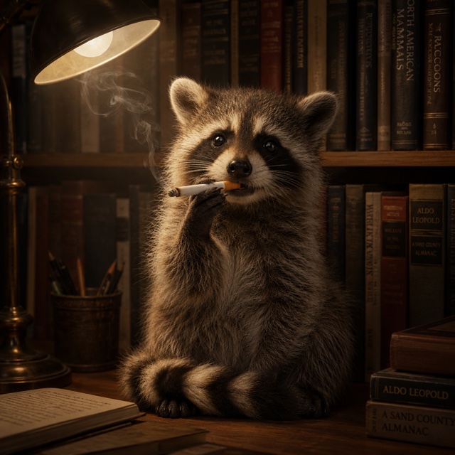 A raccoon smoking a cigarette in a candle-lit library